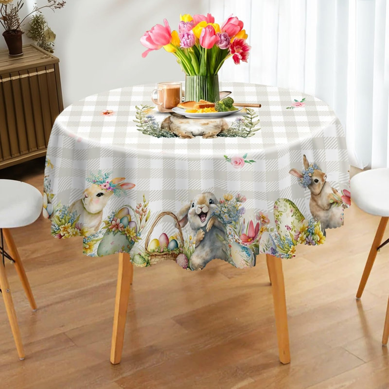 Nappe de Pâques ronde 70 pouces - Décorations de Pâques en tissu écossais kaki pour la maison - Nappe de printemps lapin résistante à l'eau, décoration florale pour la maison, la table, la fête