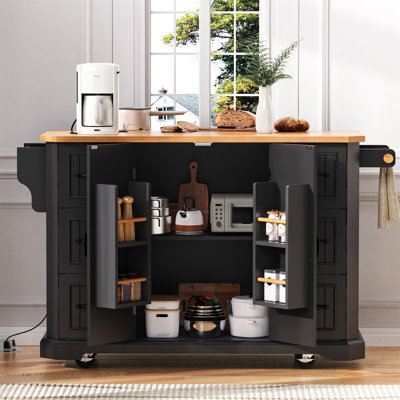 56 Inch Kitchen Island With Rubber Wood Veneer Drop Leaf