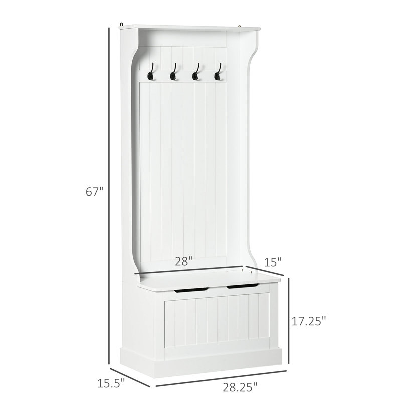 28" 3-In-1 Entryway Hall Tree With Storage Bench, Coat Rack With Four Hooks And Shoe Storage, White