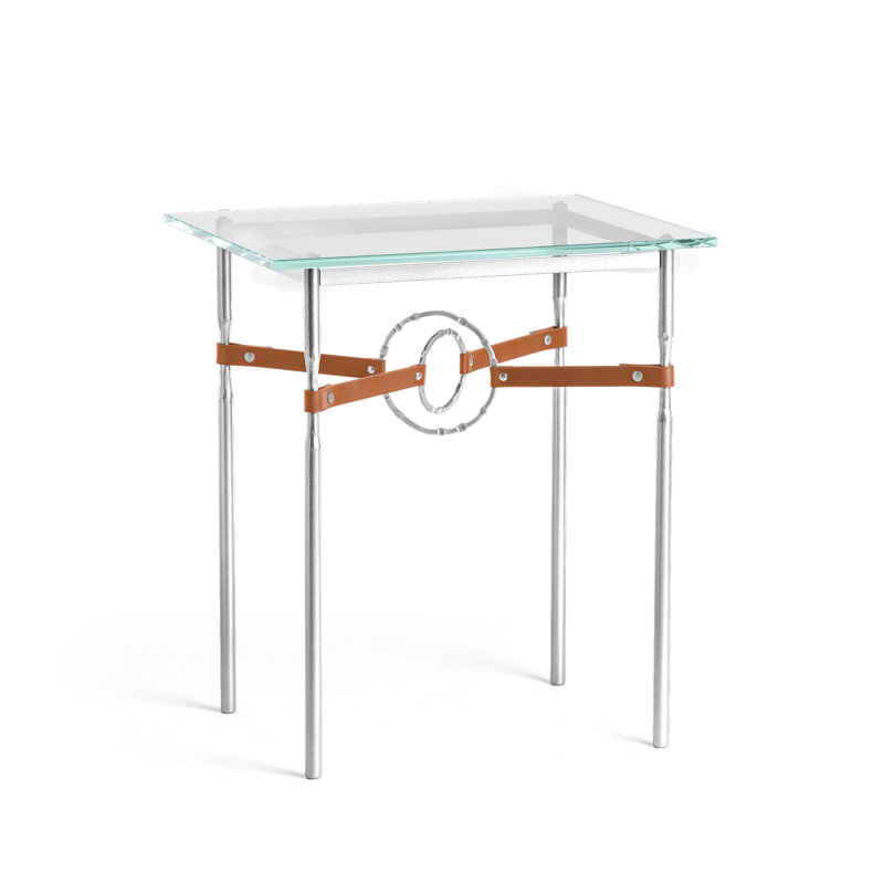 Equus Glass Top Side Table, Sterling, Sterling with Chestnut Leather