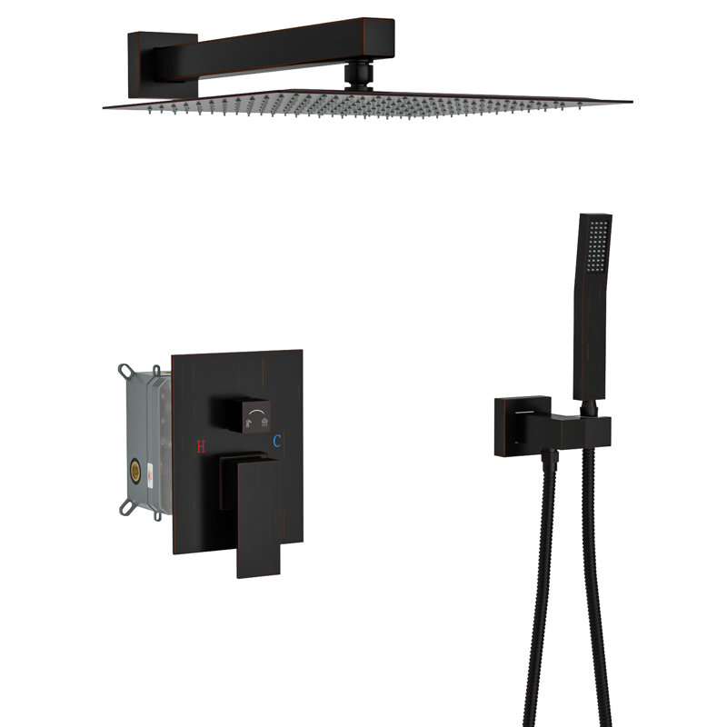 12 Inch Wall Mounted Dual Shower Head - Oil Rubber Bronze Finish Square With Heads Mount Oil-Rubbed, Oil Rubber Bronze