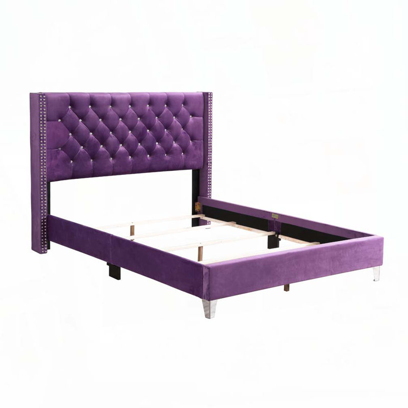 Lit rembourré en velours avec tête de lit capitonnée, Mauve, Double