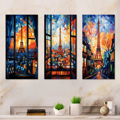 Cubic Paris Window View Elegant Sunset I - Ensemble de 3 décorations murales en métal Paris