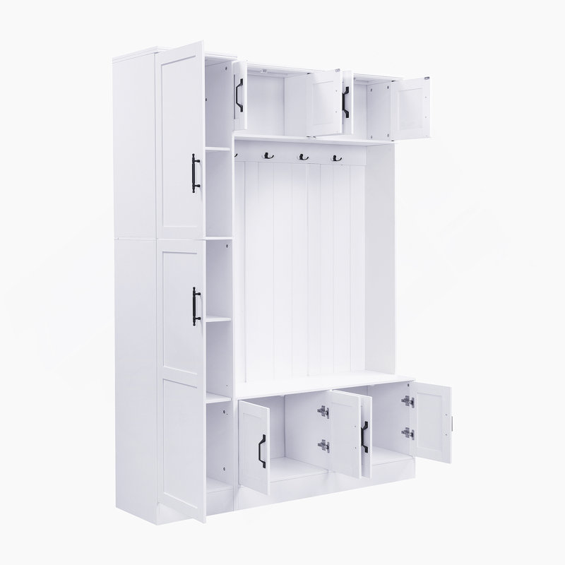 Multi-Functional Hall Tree With Shoe Storage, Entryway Bench, Cabinets, Coat Hooks And Adjustable Shelf For Home Organization