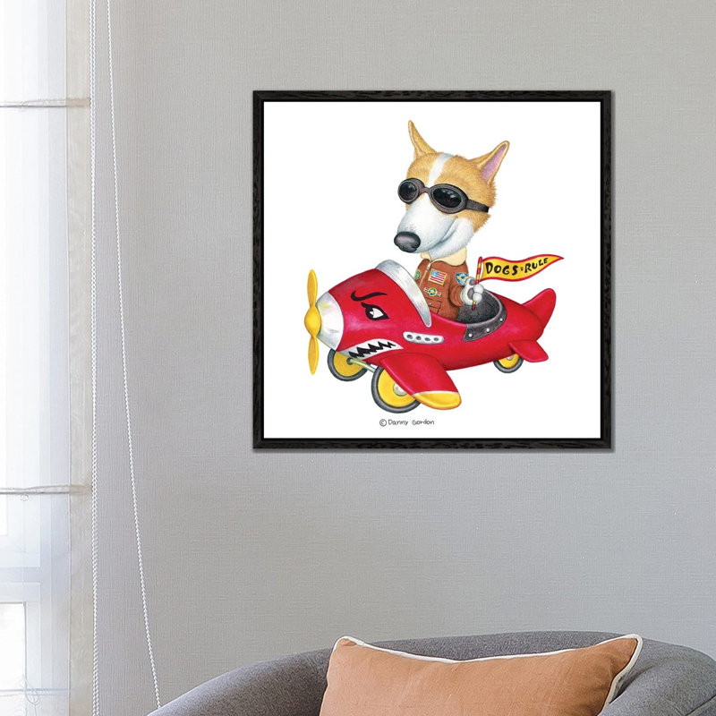 Corgi In Red Plane by Danny Gordon - Print on Canvas, Black Floater Frame, 66.04 cm H x 66.04 cm W