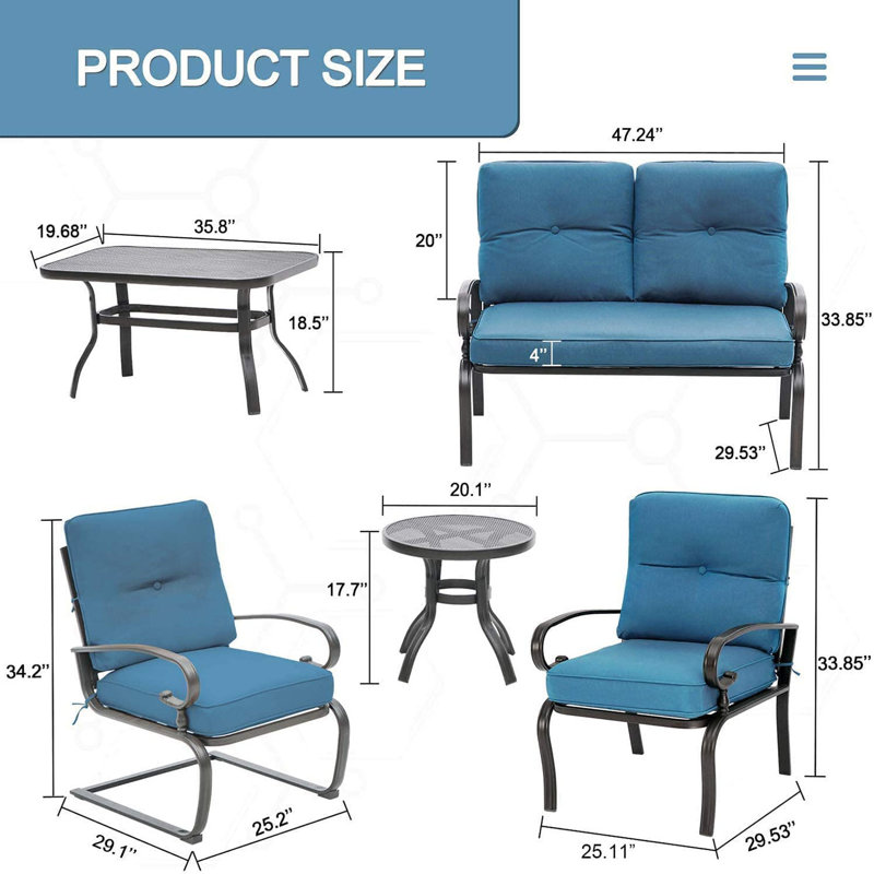 Ensemble de mobilier d'extérieur en métal, ensemble de conversation de patio 7 pièces avec coussins (2 chaises à ressorts, 2 chaises de patio, causeuse avec table basse et table d'appoint)