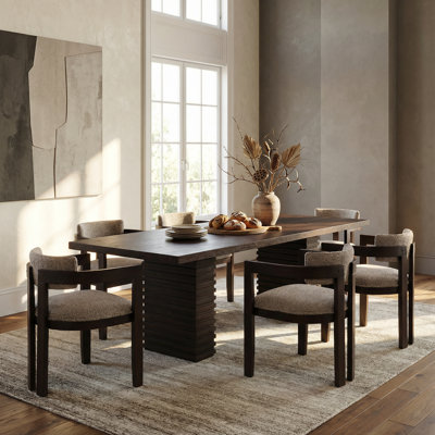 Prescott Mid-Century Modern Polyester Linen Blend Upholstered 7-Piece Dining Set With 95-Inch Double Pedestal Table
