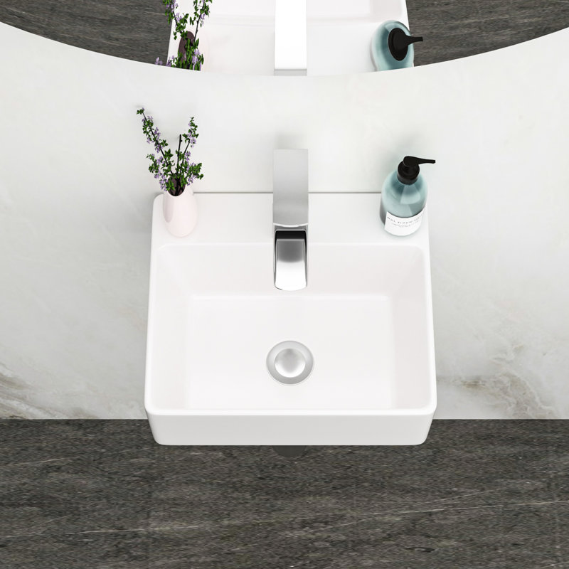 White Ceramic Wall Mount Bathroom Sink With Single Faucet Hole, Stain , Modern Style, More Usable Space, Installation Instructions Provided 13.6X11.6 Inch Rectangle Mounted Sink, Low Water