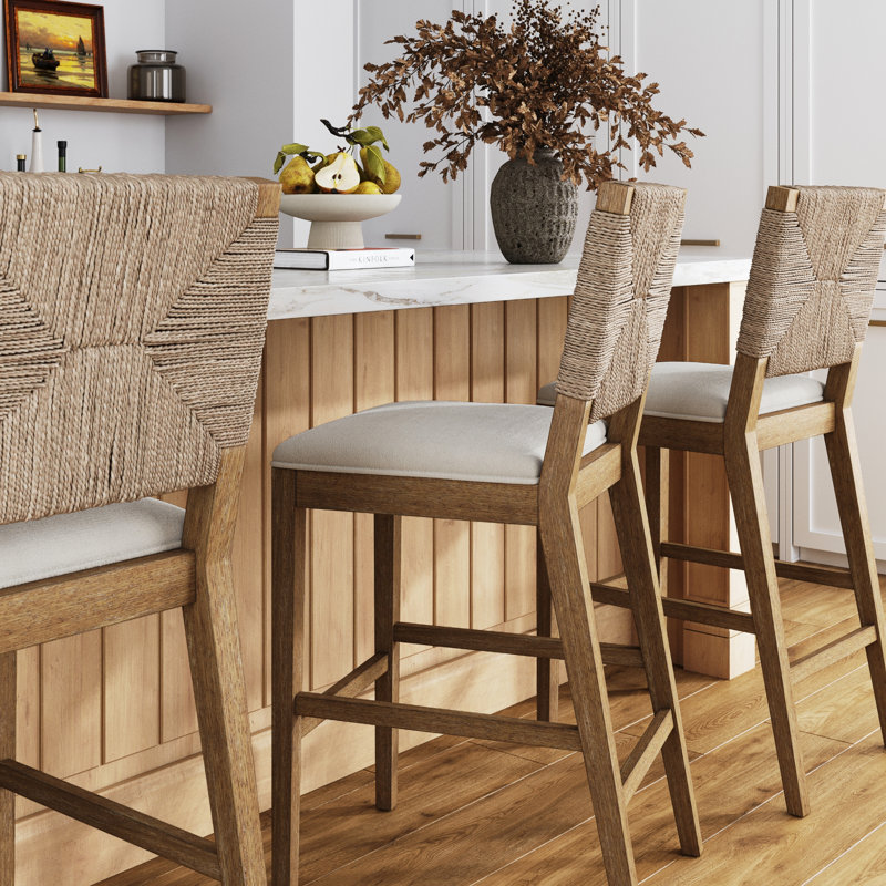 Seagrass Upholstered Bar Height Stool with Solid Wood Frame, 3-Pack, Cream Boucle/Light Brown, Bar Stool (29" Seat Height), 3
