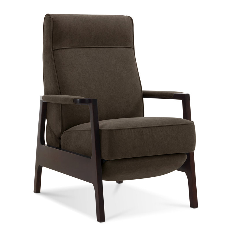 Latitude Pushback Recliner Chair with Wooden Armrests, Linen Blend Upholstered, Brown Fabric
