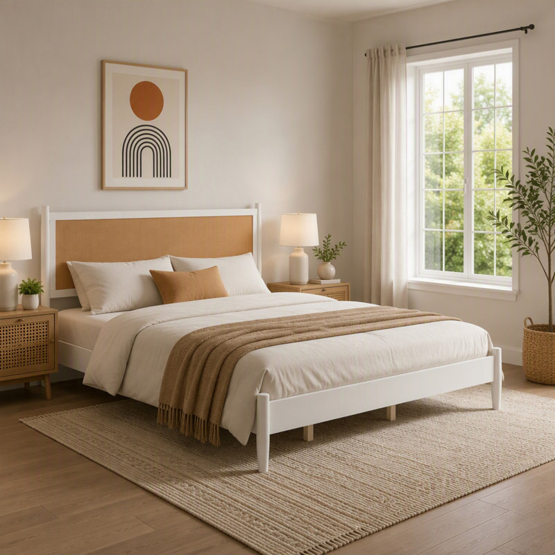 Base de lit plateforme avec tête de lit en rotin, support en lattes de bois, Très grand lit, Blanc