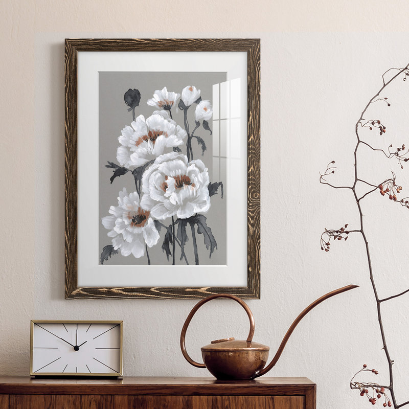 Peony Profusion II - peinture encadrée, Encadré de bois de noyer, H 32 po x l 23 po x P 1 po