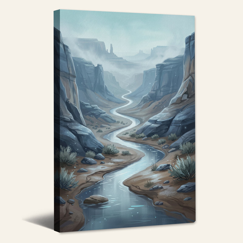 «Winding River Through Misty Canyon», art mural, H 30 po x l 20 po