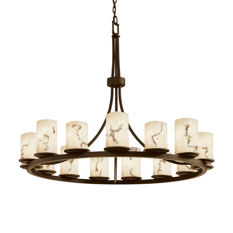 Aleynah 15 - Light Dimmable Wagon Wheel Chandelier, Cylinder with Broken Rim, Dark Bronze