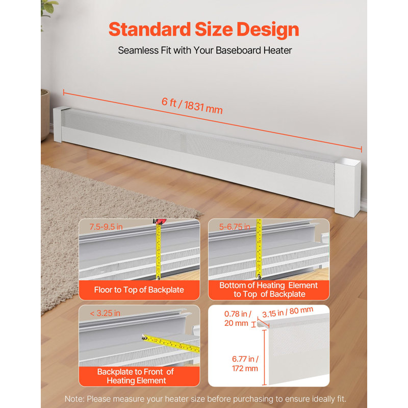 Baseboard Heater Covers, Basic Series 6 Ft Standard Electric Heating Unit Front Cover For Home Improvement, Heavy-Duty Steel, Easy Installation For Bedroom Replacing Old Cover, White