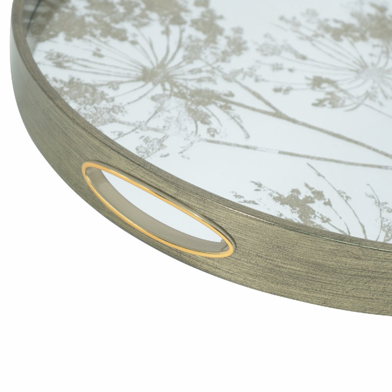 Plateaux à miroir ronds en plastique argenté avec motif d'arbre - L: P 17,5 x 2 po: P 14,5 x 2 po