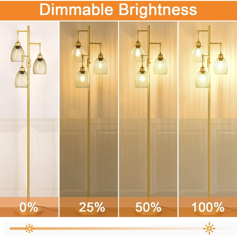 Gold Adjustable 70'' Tall LED Floor Lamp with Cage Shades