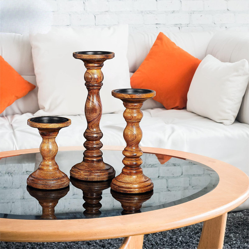 Ensemble de porte-bougie en bois de manguier 12 po 12 po - Ensemble rustique 3 pièces pour bougies DEL, Bois rustique