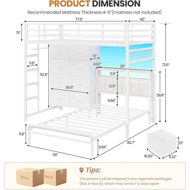 Twin Over Twin Bunk Bed With Charging Station And Led Lights For Teen, L-Shaped Metal Bunk Beds With 8 Storage Drawers And Headboard, Modern Twin Loft Beds With Safety Guardrail And Ladder