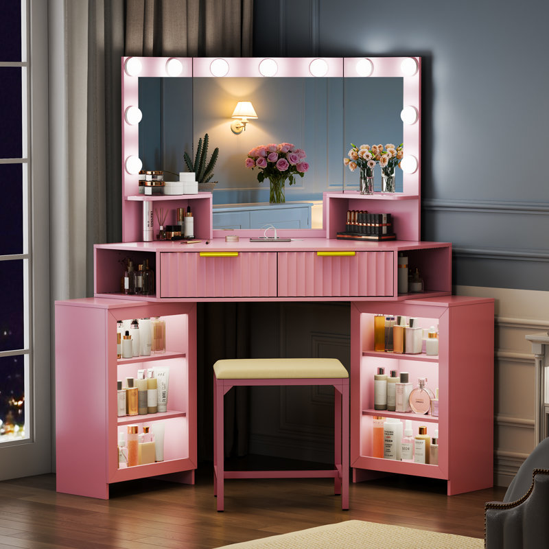 Dressing Table with Motion Sensor 3-colour lighting, Charging Socket and Stool, Pink