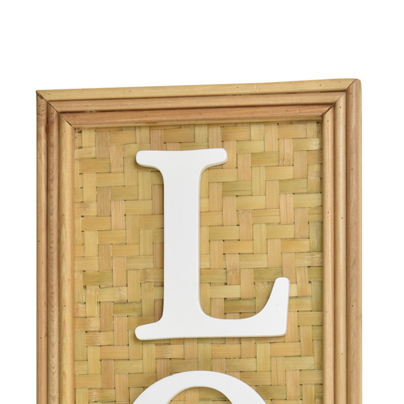 Love Wall Decor Sign with White Text on Brown Woven Wood Background