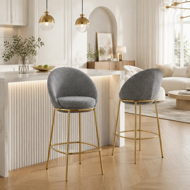 Tabourets de bar Celano en métal rembourrés, ensemble de 2, luxueux et confortables, Gris/doré