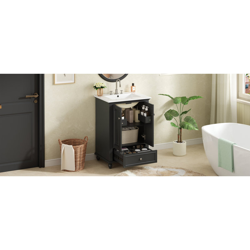 Meuble-lavabo moderne noir 24 po avec lavabo en céramique et rangement à fermeture en douceur