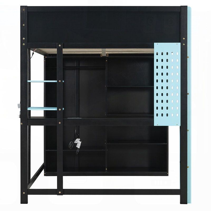 Wood Loft Bed with Integrated Desk, Open Wardrobe, Shelving, and Customizable RGB Lighting for Gaming and Study., Blue