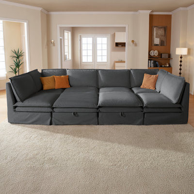 146.4" Oversized Pet-Friendly Fabric Modular Sectional Sofa Washable Removable Slipcover Enveloping Feel Double-decker Sectional Couches With 2 Storage Ottoman