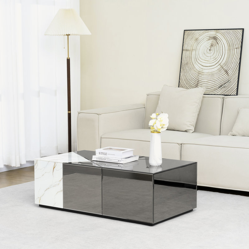 Benley 39.37''W Mirrored Modern Block Coffee Table, Gray/White