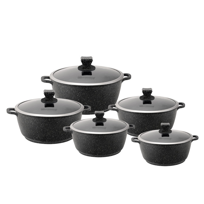 SQ Professional Nea Marbell 5-Piece Non-Stick Aluminium Cookware Set- Induction Ready, Nera (Black)