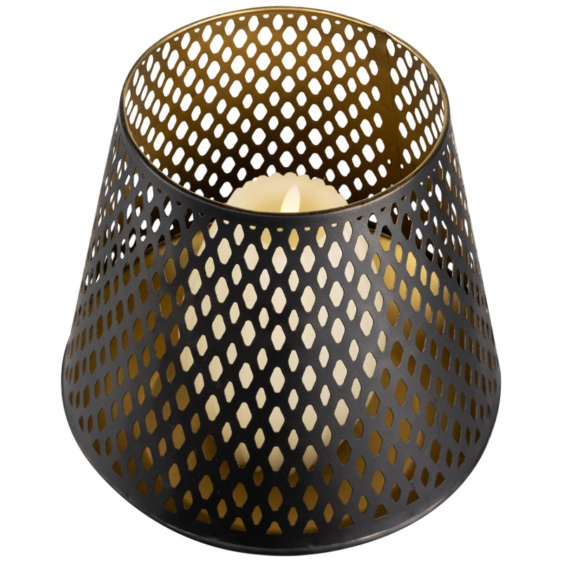 Grand porte-bougie votive découpé au laser - Finition noire et or, H 9 po x l 8,5 po x P 8,5 po