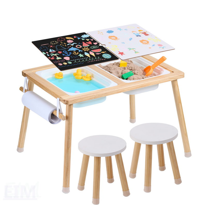 Ensemble de table et chaises sensorielles pour tout-petits, table d'activité avec 2 tabourets, bacs de rangement, porte-rouleau de papier, table de jeu de sable et d'eau intérieure / extérieure, table sensorielle pour enfants en bois