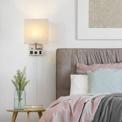 Ensemble de 2 appliques murales à brancher, lampe murale en nickel brossé avec ports USB et prise de courant, abat-jour en lin, 2 méthodes d'installation, applique murale de chevet pour la chambre à coucher