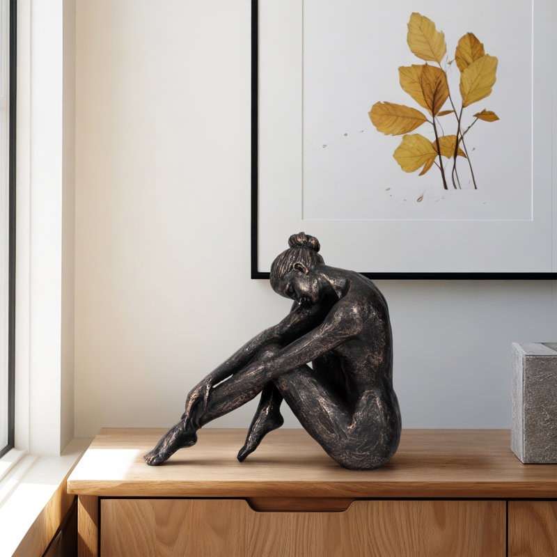 Decorative Seated Abstract Figurine Sculpture for Home Decor - Modern Gallery Statue Art Accent for Tabletop Object or Living Room Decoration - Bronze