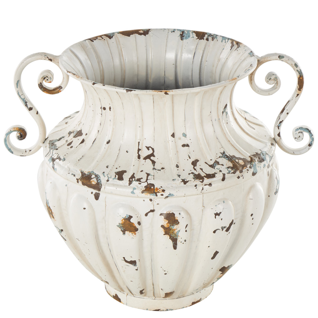 Cipolla Metal Vintage Amphora Scroll Decorative Cream Vase with Brown, Teal and Scroll Handles Ophelia & Co.