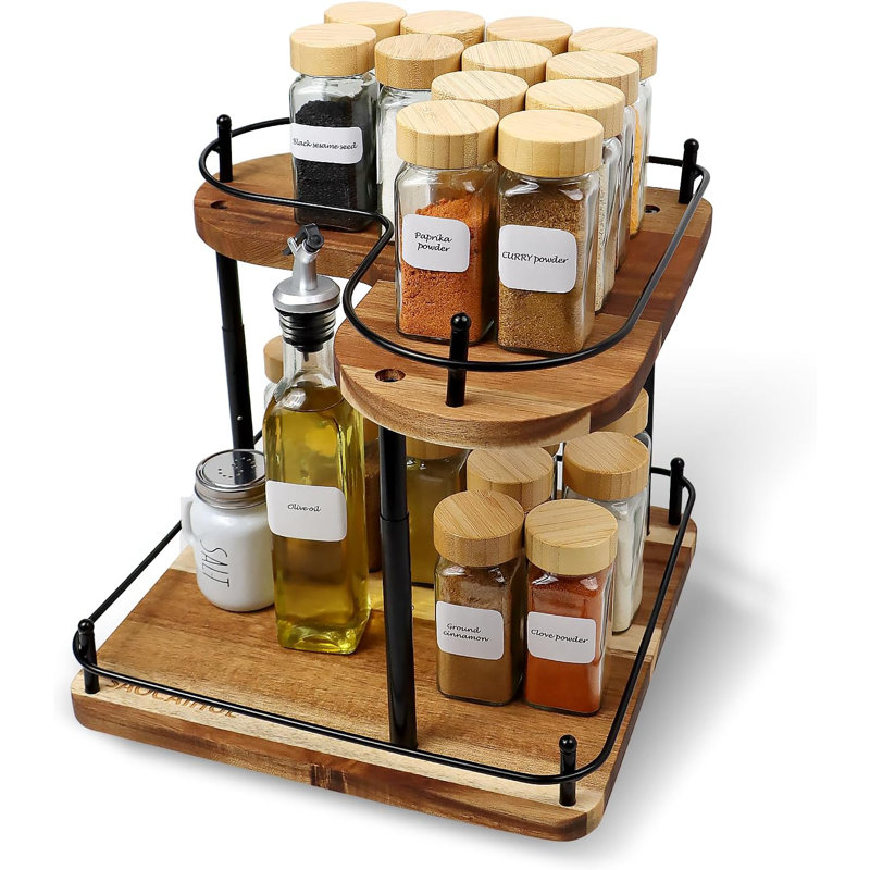 Wooden Spice Rack Organizer Lazy Susans Rotating Countertop 2 Tiered Display Shelf Kitchen Adjustable Height Spinning Spice Rack 11.8INCH Large Capacity Pine Wooden