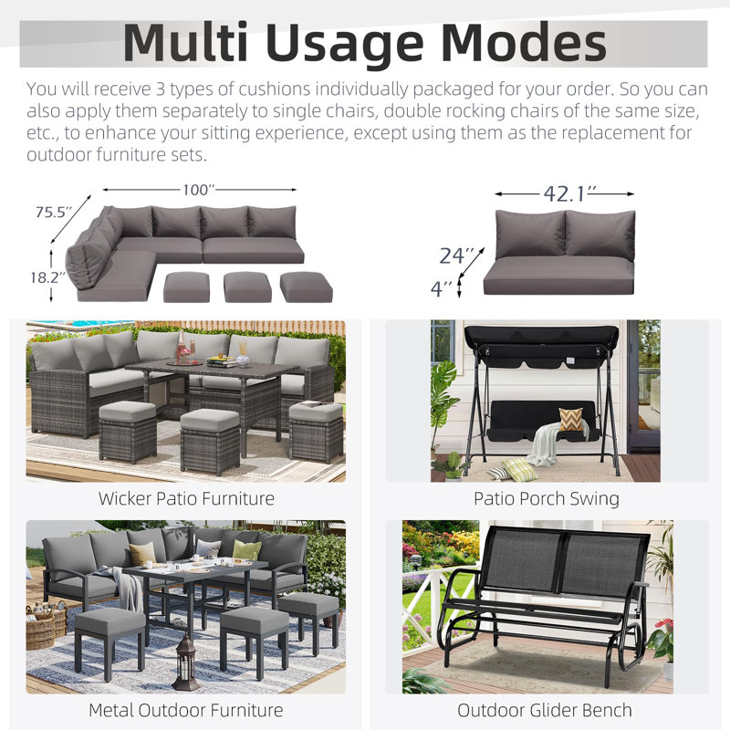 Outdoor Water-Resistant Replacement Cushions For Patio Conversation Sets, Dark Gray