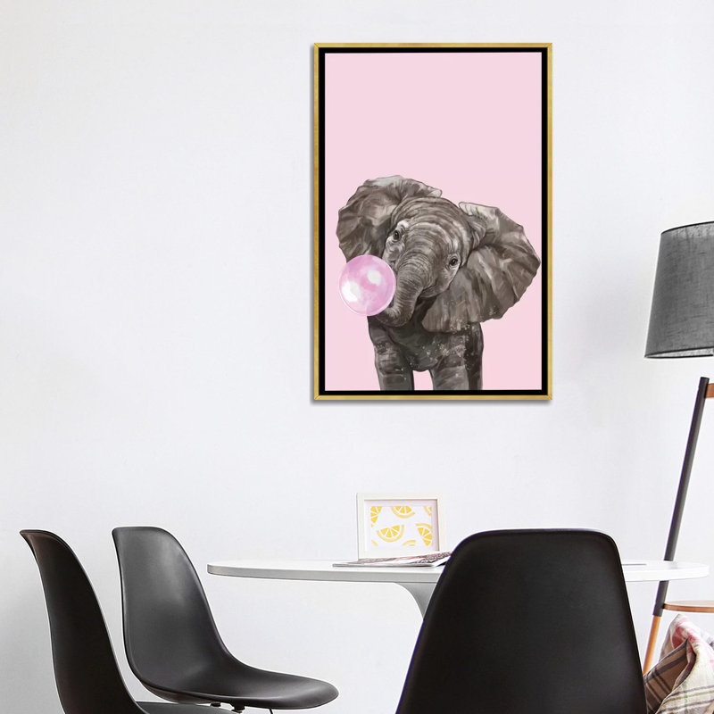 Art d’éléphant de gomme à bulles, Toile encadrée d'or, H 40 po x l 26 po x P 1,5 po