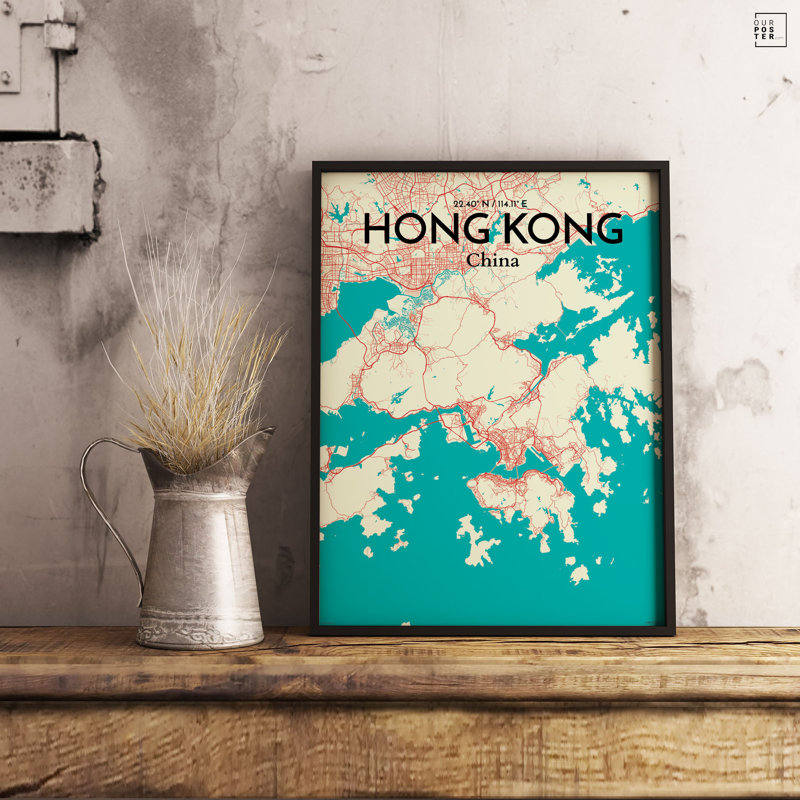 « hong kong city map », reproduction d’impression sur affiche en tricolore, H 27,6 po x l 19,7 po