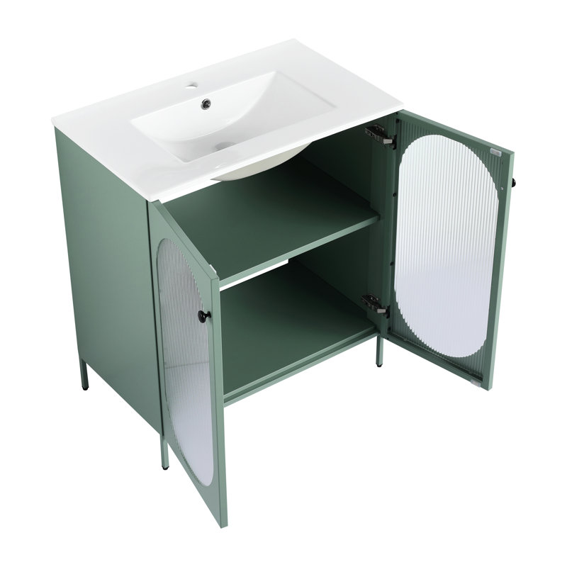 Meuble-lavabo de salle de bain autoportant - Armoire en céramique forte et menthe 30 po avec design polyvalent en acier