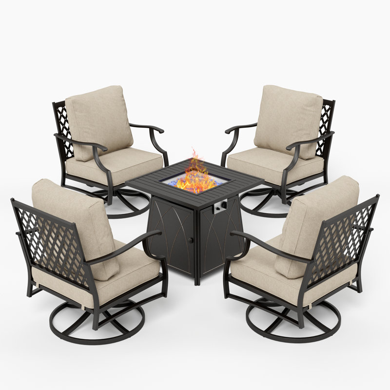 Ensemble de conversation d'extérieur pour 4 personnes avec table de foyer pivotante et table de foyer Carli, Beige