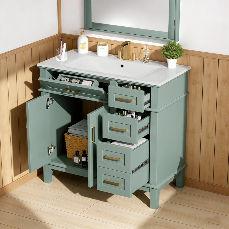 Meuble-lavabo de salle de bain avec lavabo en céramique, porte à fermeture en douceur et 4 tiroirs de rangement