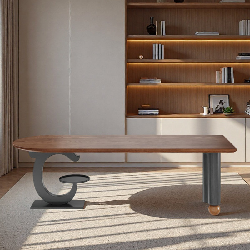 Bureau brun semi-circulaire à usage domestique, bois massif, H 29,53 po x l 78,74 po x P 31,5 po