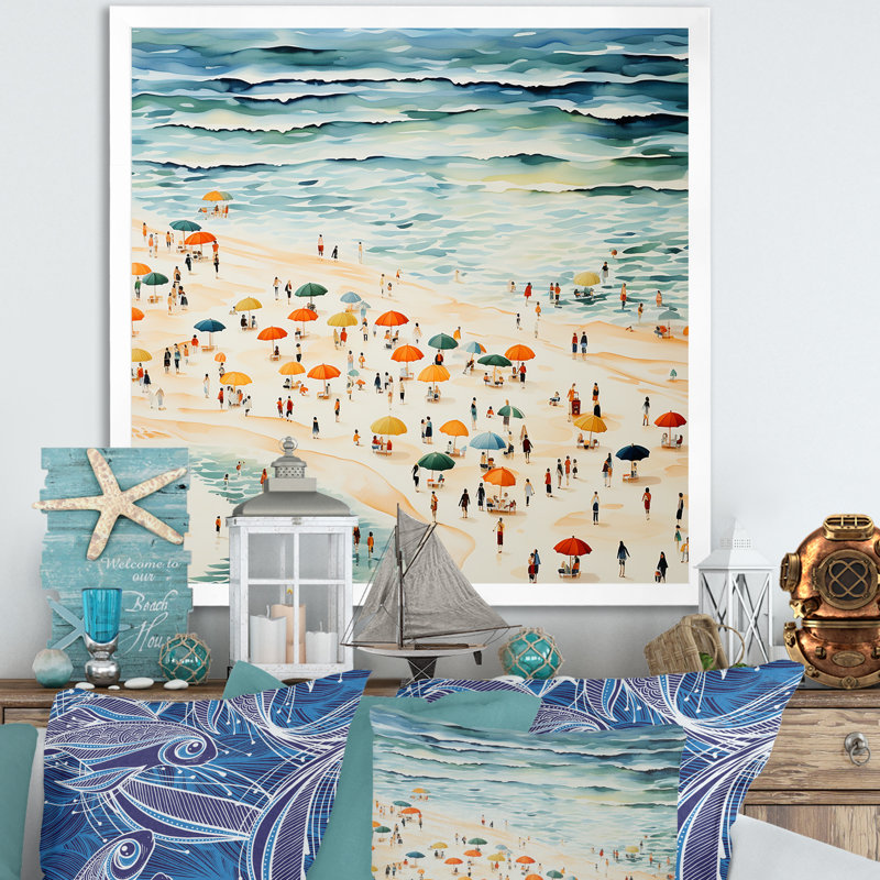 Beach Day Umbrella Parade III - Beach People, art mural, Cadre simple blanc, H 36 po x l 36 po x P 1,5 po