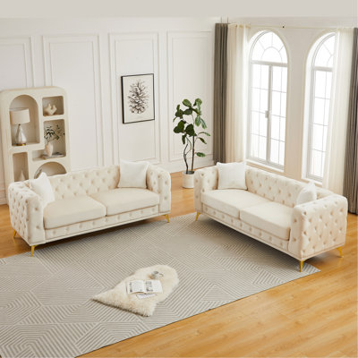 FX 3 seater + 3 seater combo sofa Velvet modern living room sofa with solid wood frame and metal feet, 4 cushions, apartment sofa furniture for living