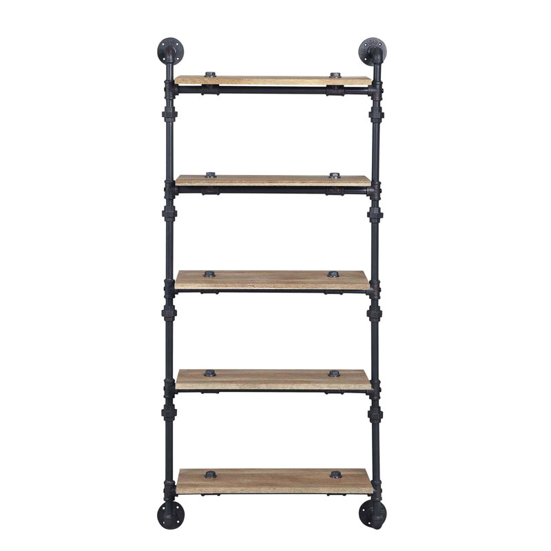 5 Tier Floating Wall Shelf, Oak, Sandy Black, Water Pipe Design, Mounted, Storage, Home Decor Style, Oak Decor, Storage