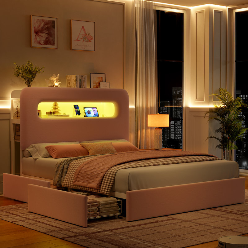 Structure de lit tapissier, lit de rangement avec DEL et station de charge, Complète, Rose