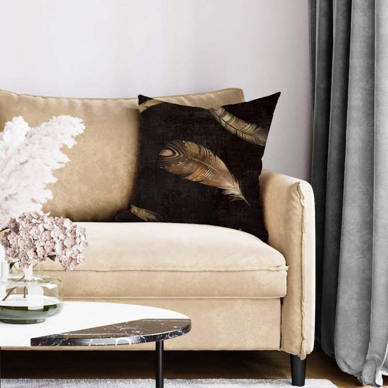 Golden feathers - 20"x20" Throw pillow cover - Poly twill - Print on demand, 20" H x 20" W