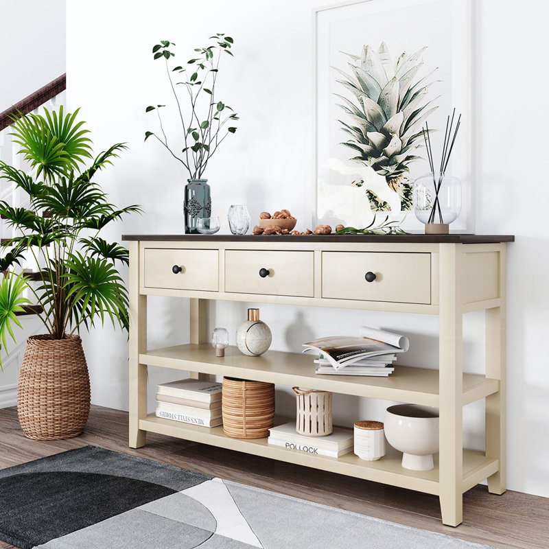 Console rétro avec deux tablettes ouvertes, structure en bois de pin massif et pieds pour le salon, Beige/Espresso